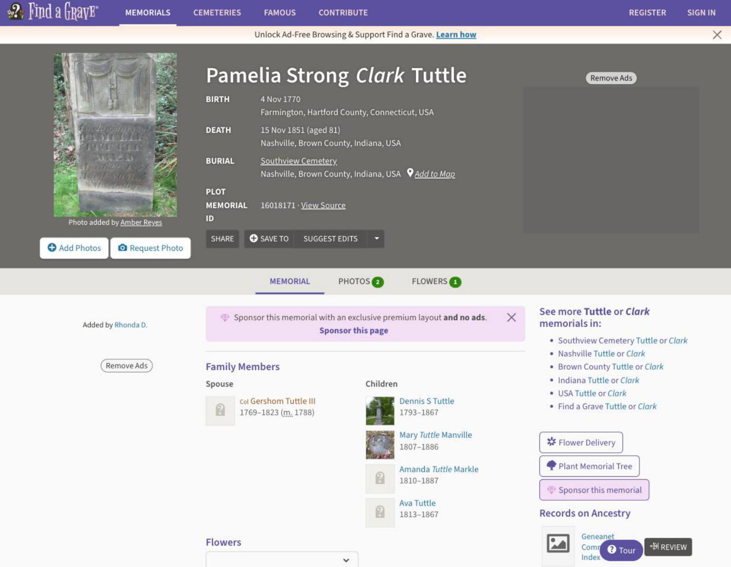 Find a Grave memorial for Pamelia Tuttle