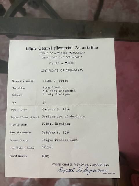 1964 cremation certificate for Velma Gladys Roush Frost