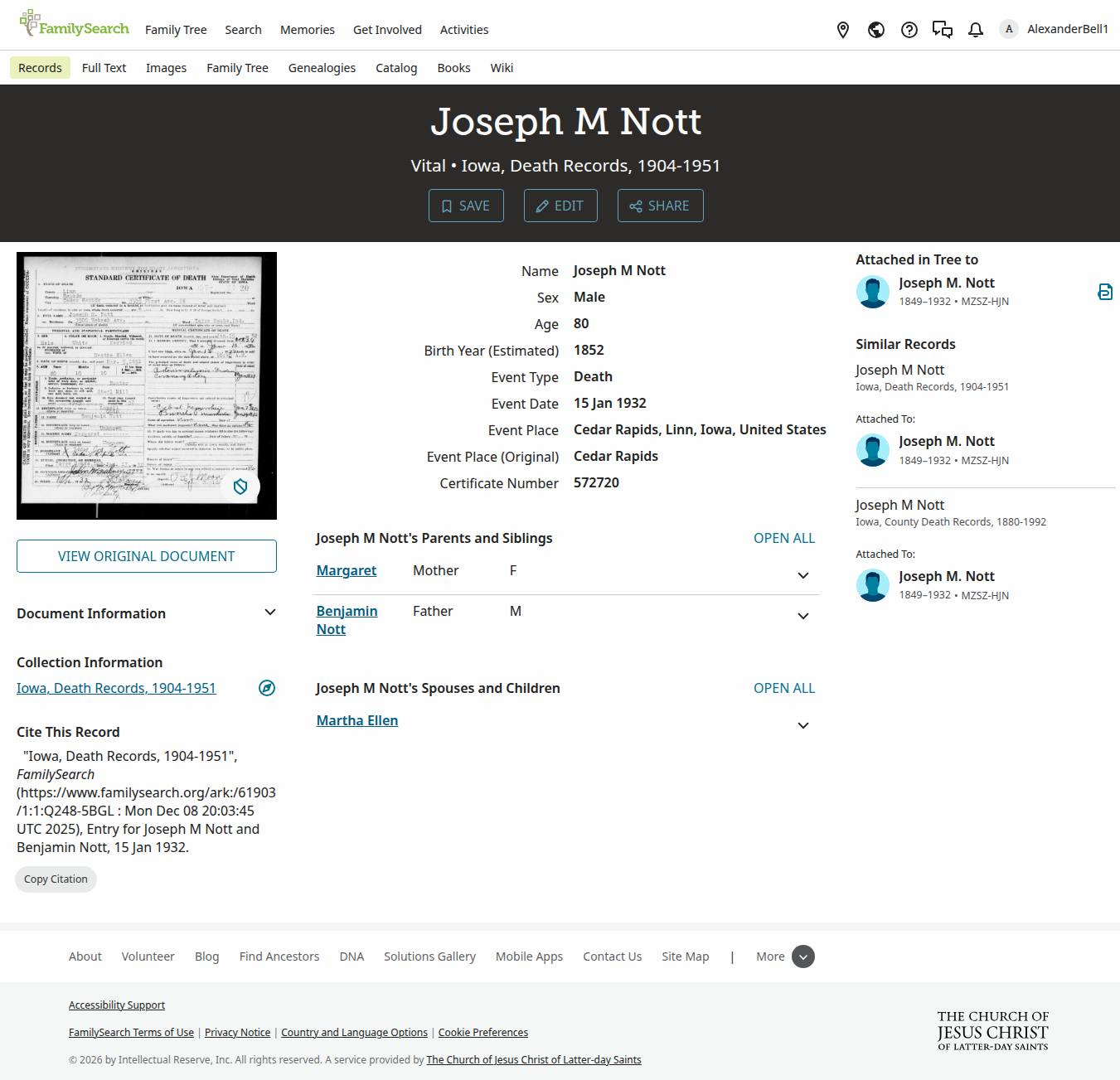 FamilySearch index entry for Joseph Knott's death