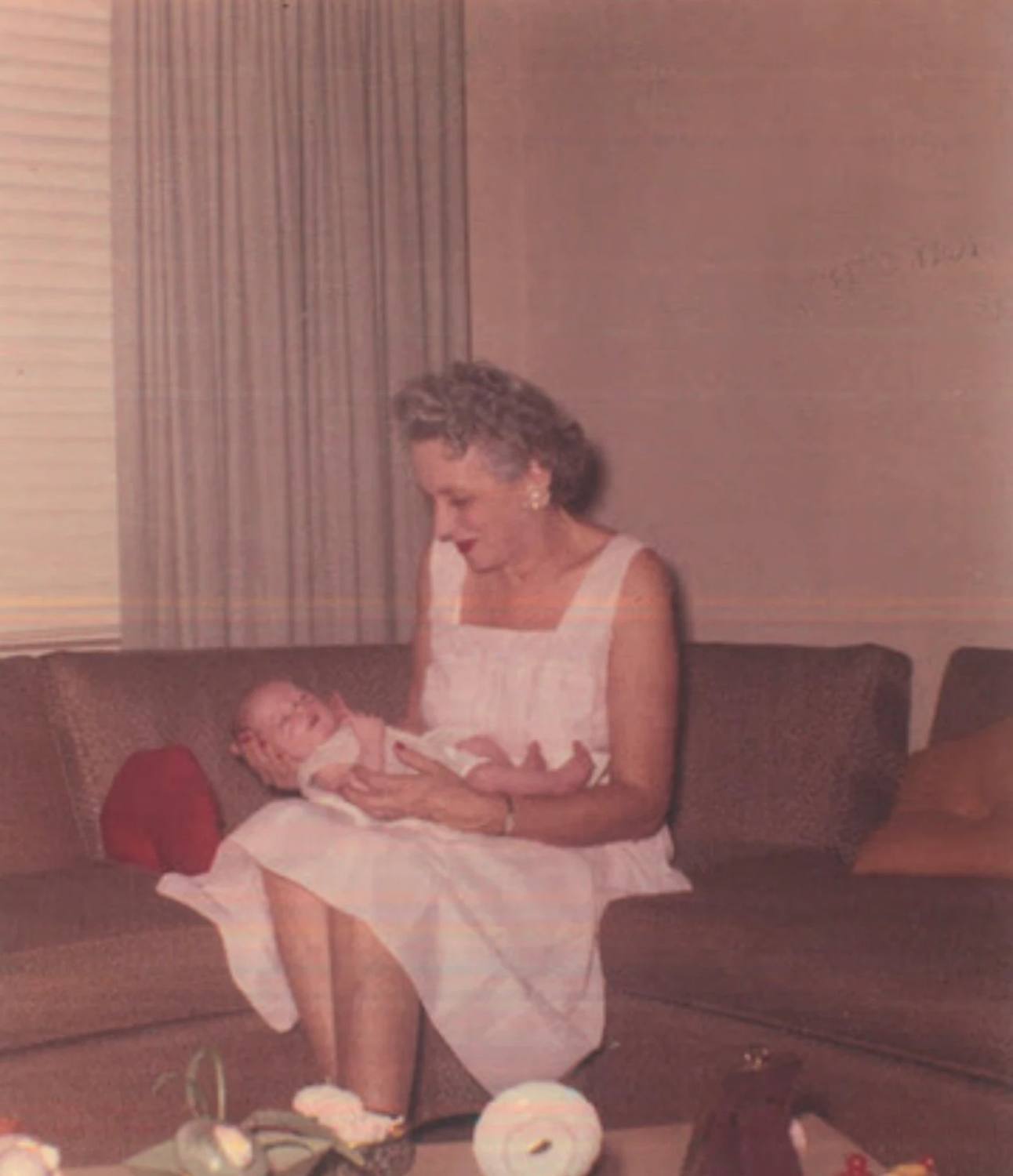 Margaret Beatrice Eaken with her newborn grandson, 1961
