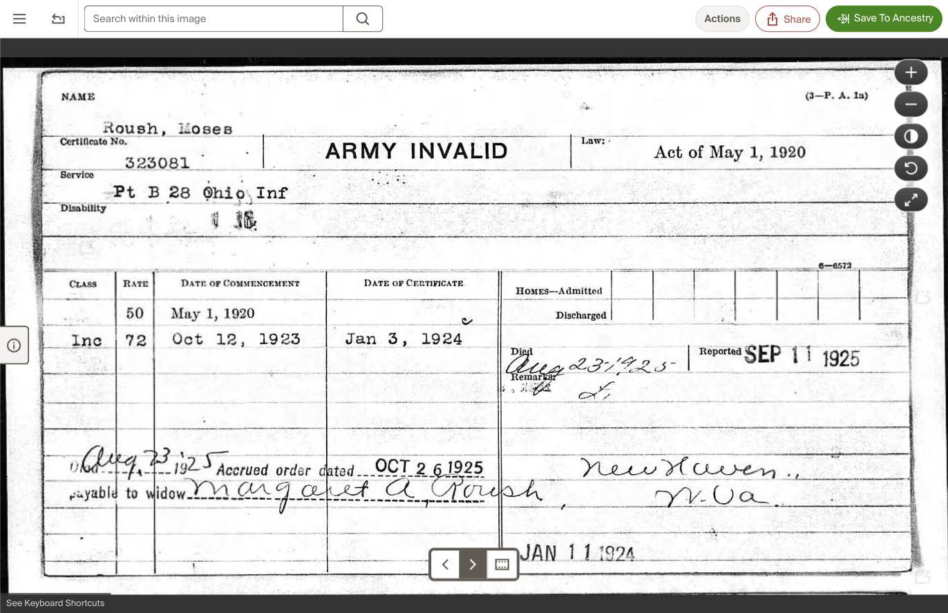 Pension payment card for Moses B. Roush