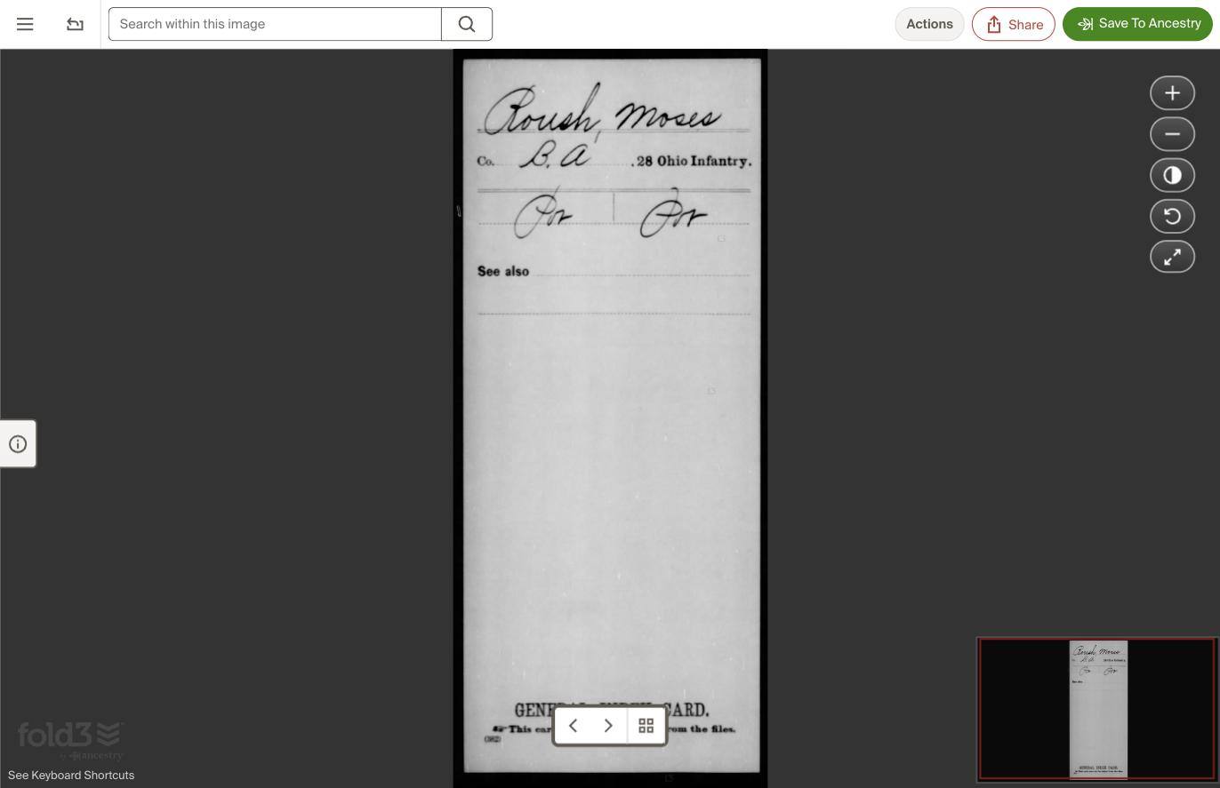 Civil War service index card, Moses Roush