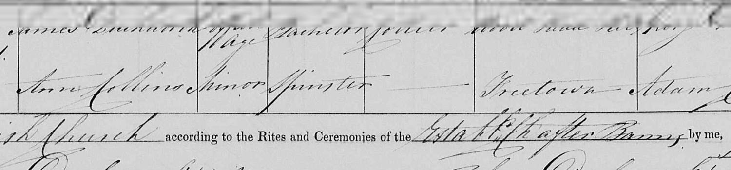 1839 marriage register, James Duckworth and Ann Collins