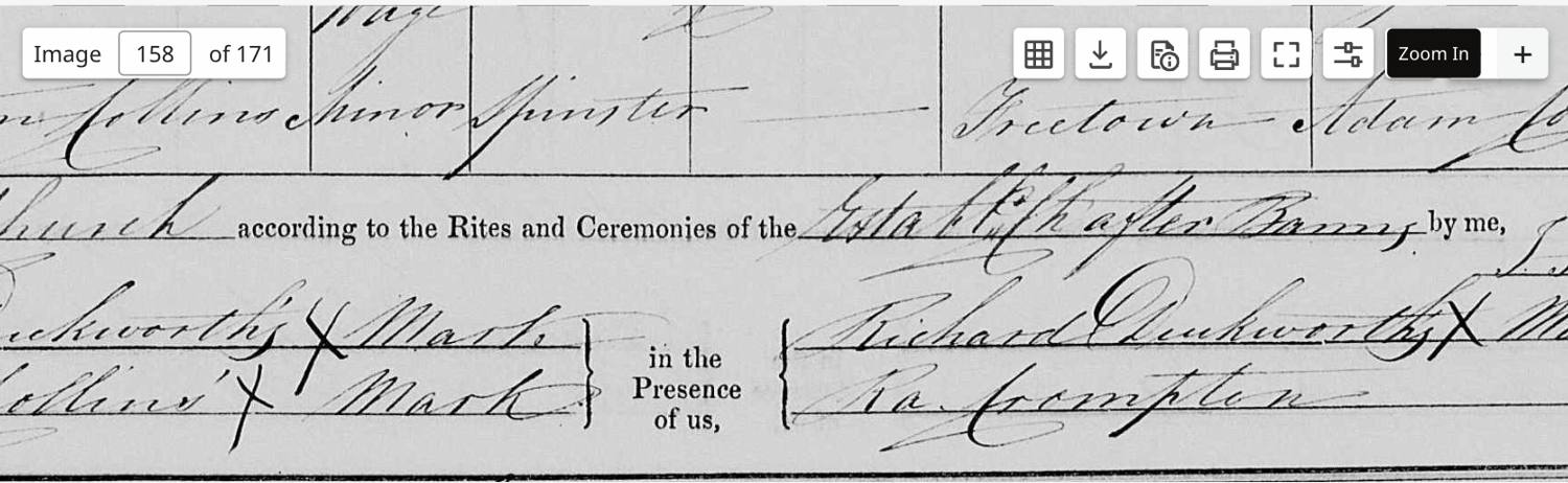 Marriage register — the couple's marks and witness