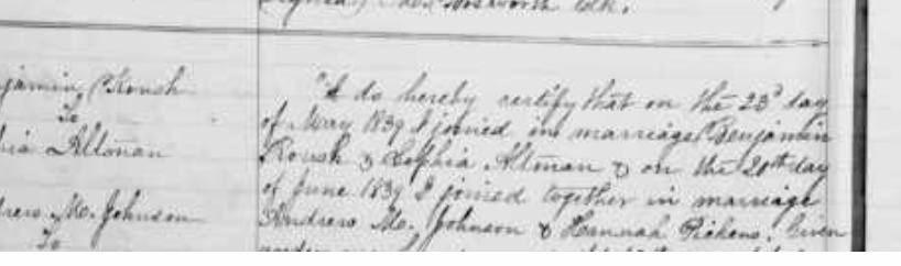 1839 marriage return, Benjamin Roush and Sophia Altman