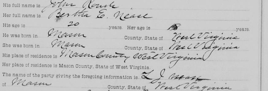 1897 marriage license, John Roush and Bertha Nease