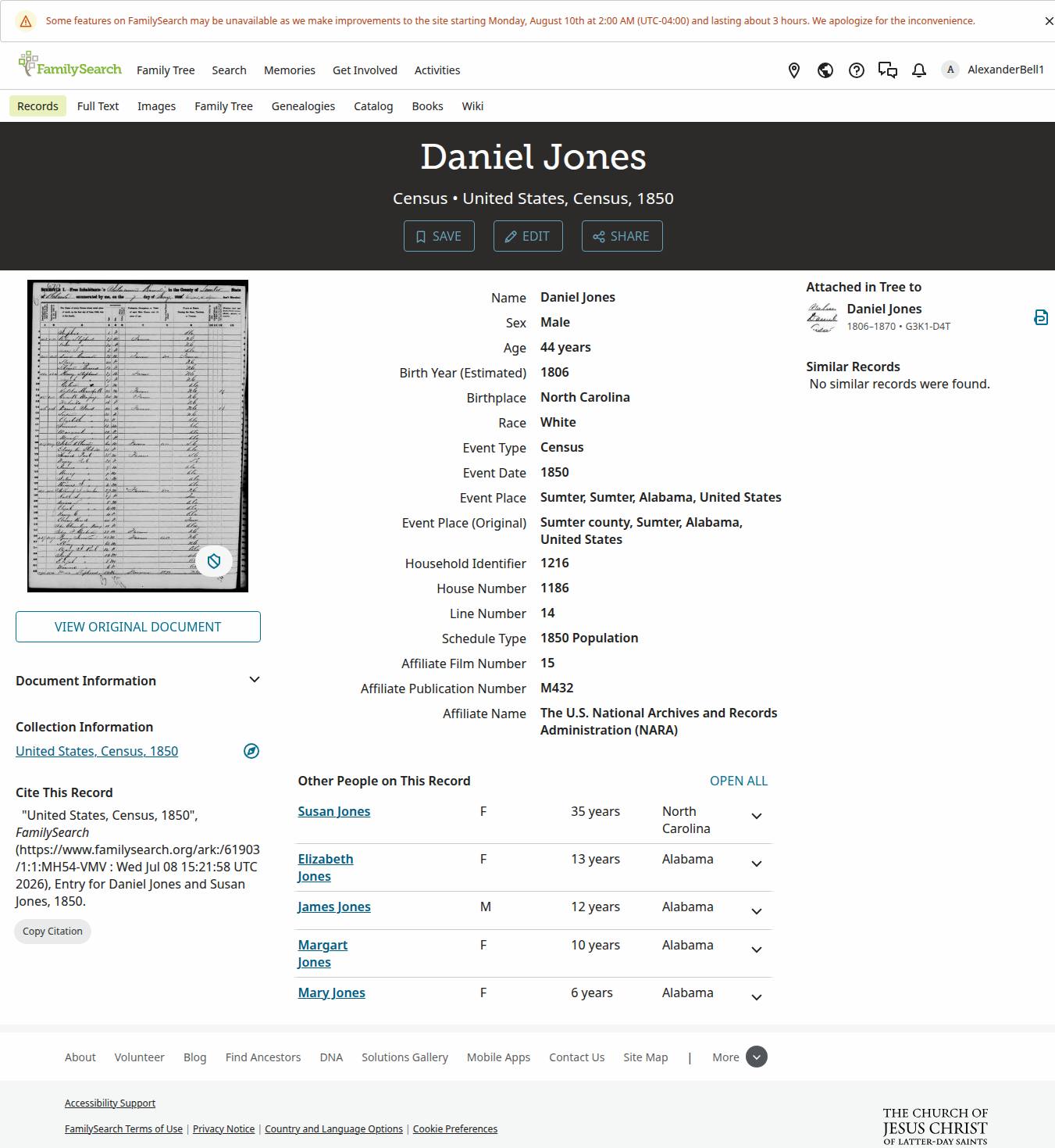 1850 census, Sumter County — the Daniel Jones household