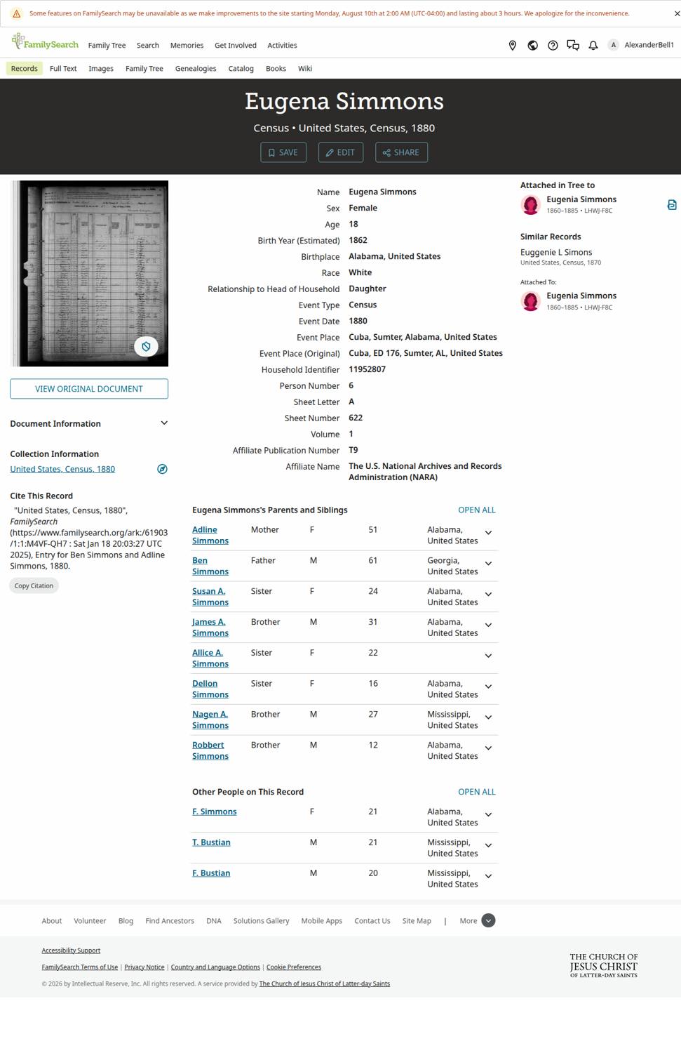 1880 census, Cuba, Alabama — the Ben Simmons household