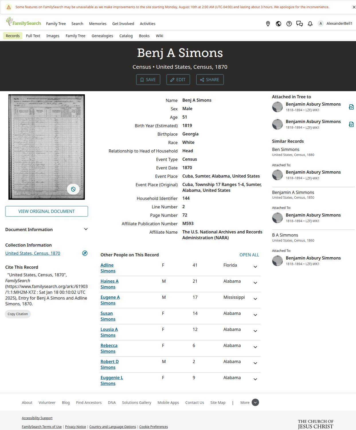 1870 census, Cuba, Alabama — the Simmons household