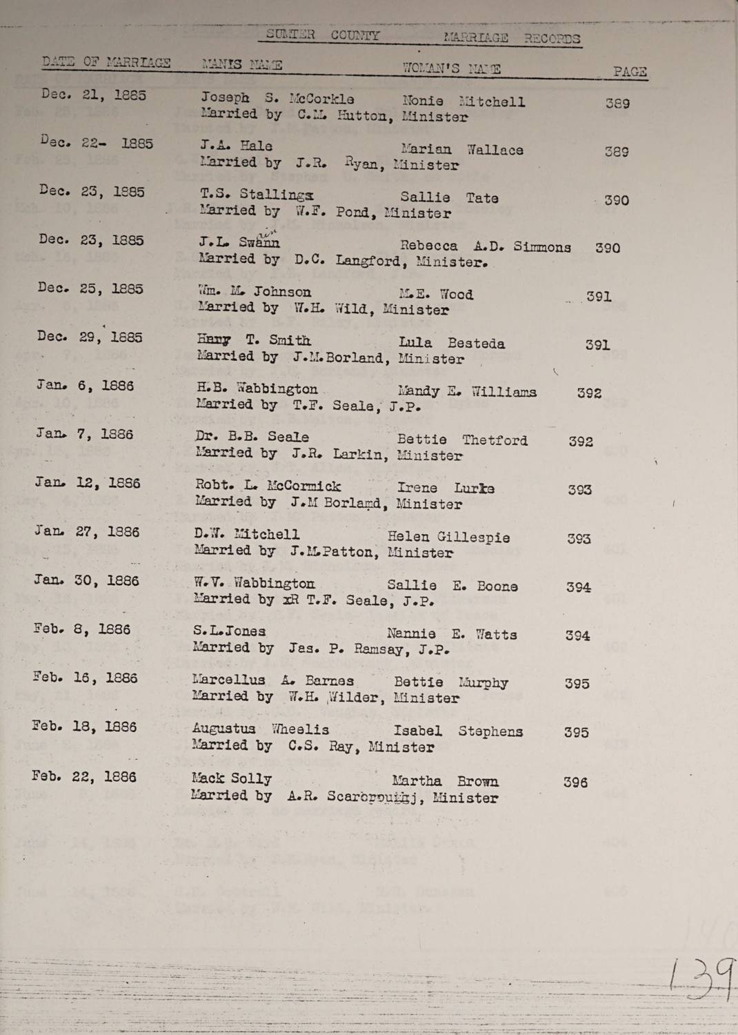 1885 marriage register, Joseph Swain and Rebecca Simmons