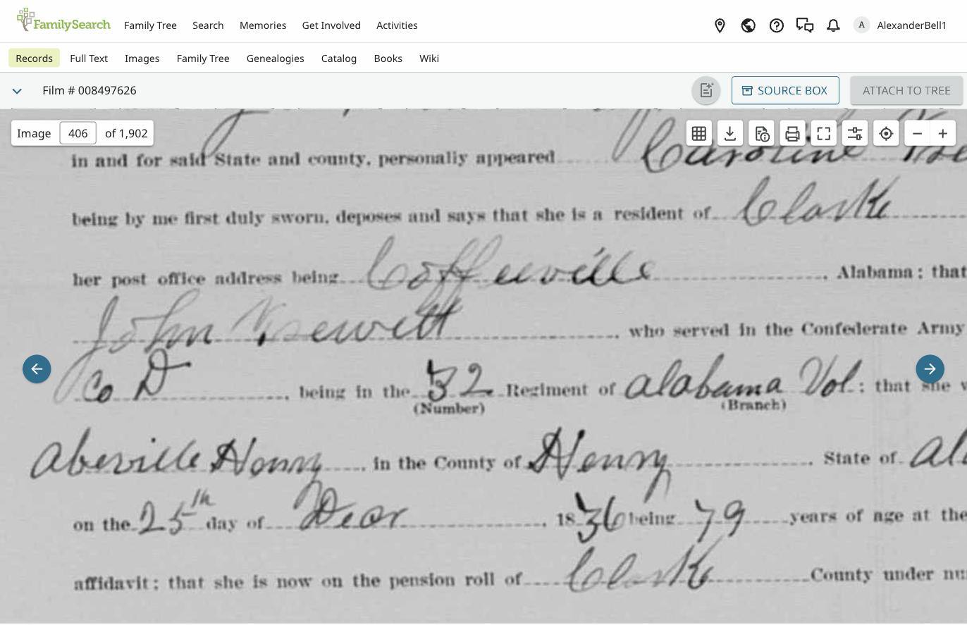 Widow's affidavit detail: her birth, 25 Dec 1836