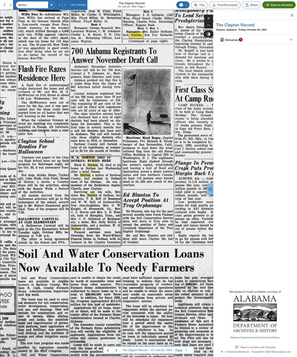 Mack Norton's obituary, The Clayton Record, 22 October 1954
