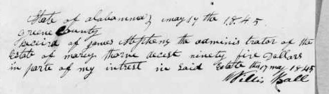 1845 receipt from the Mary Thorn estate