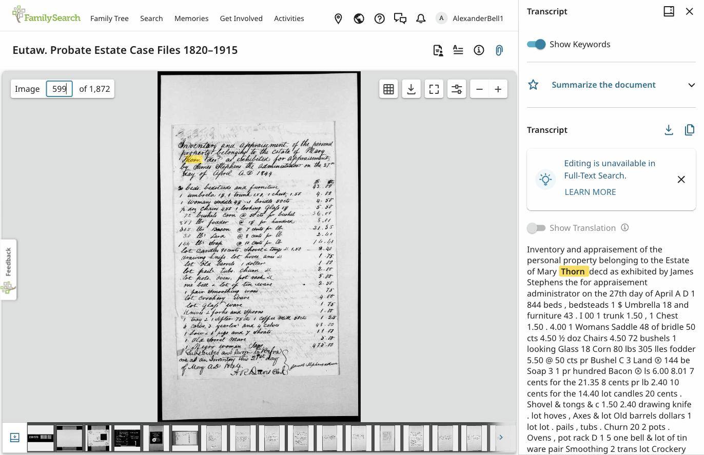 Mary Thorn's estate inventory, 1844