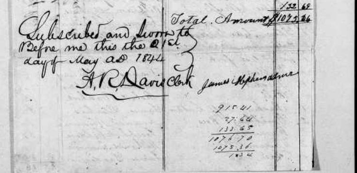 Estate sale total and administrator's sworn oath, 1844