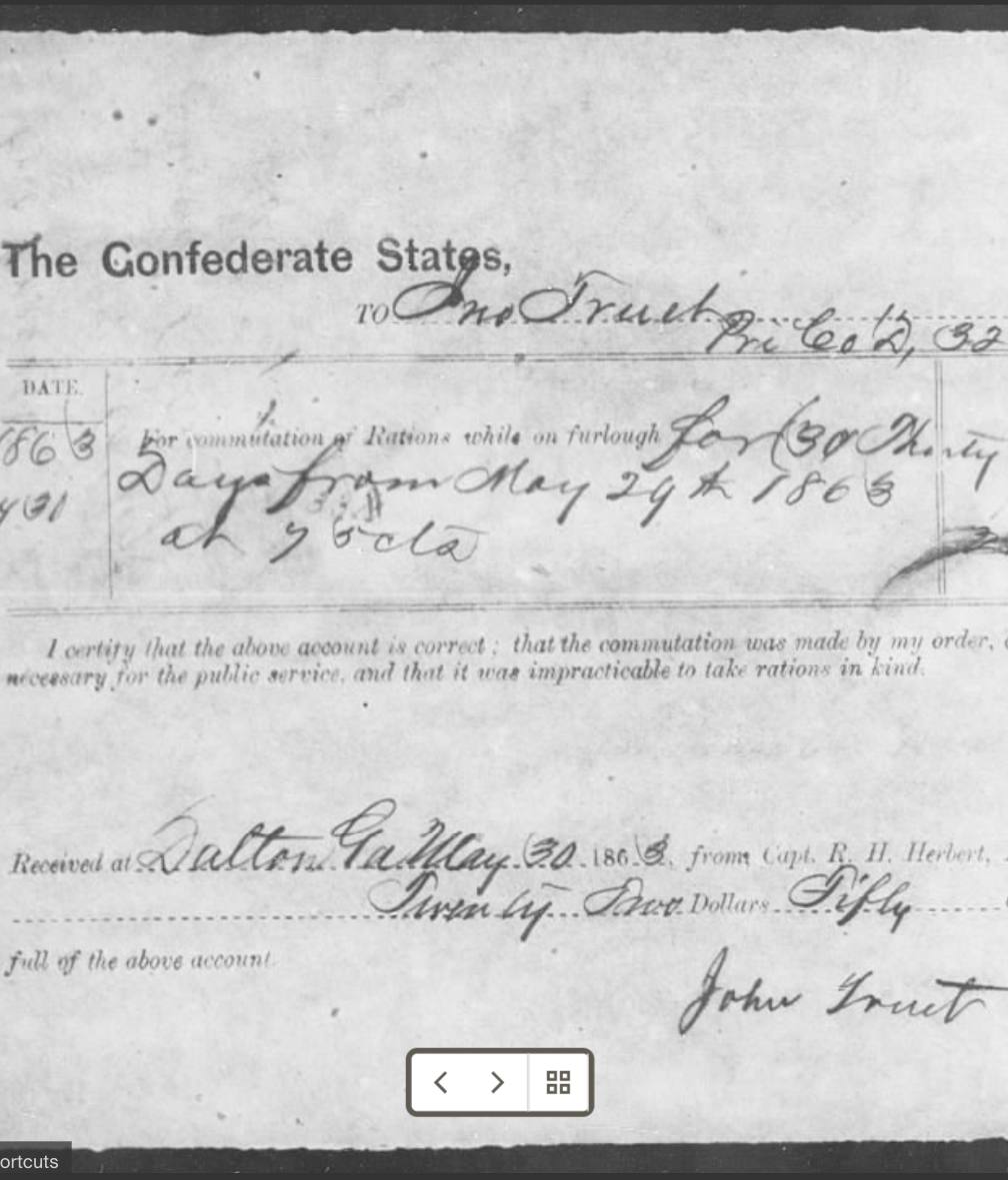 Signed voucher from John Truett's Confederate service file