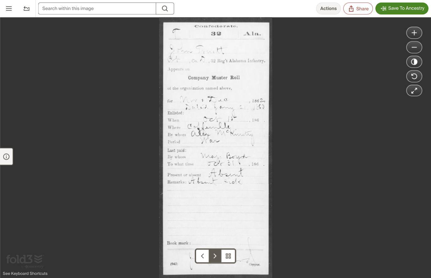 Muster roll showing John Truett's enlistment at Coffeeville