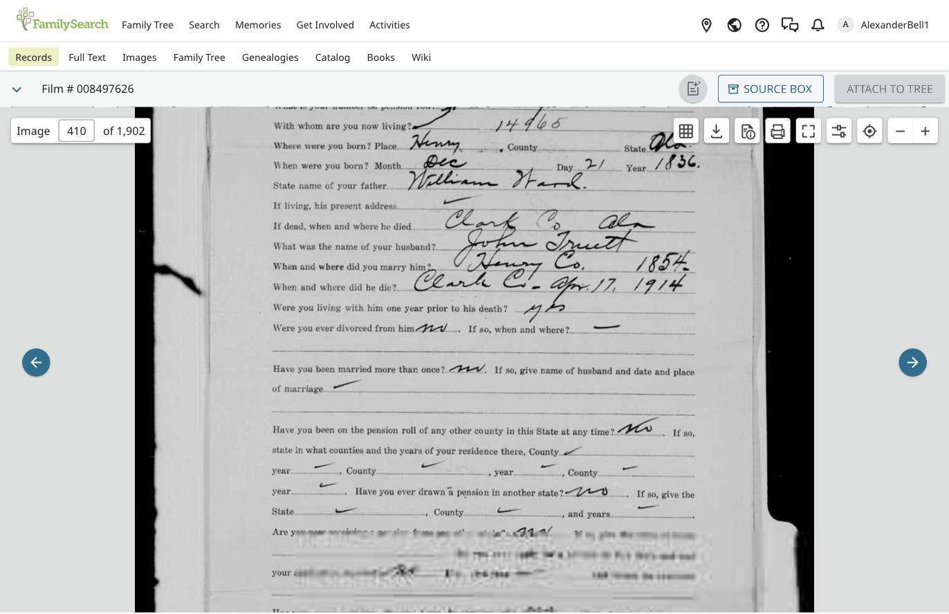 Widow's pension blank naming her father, William Ward