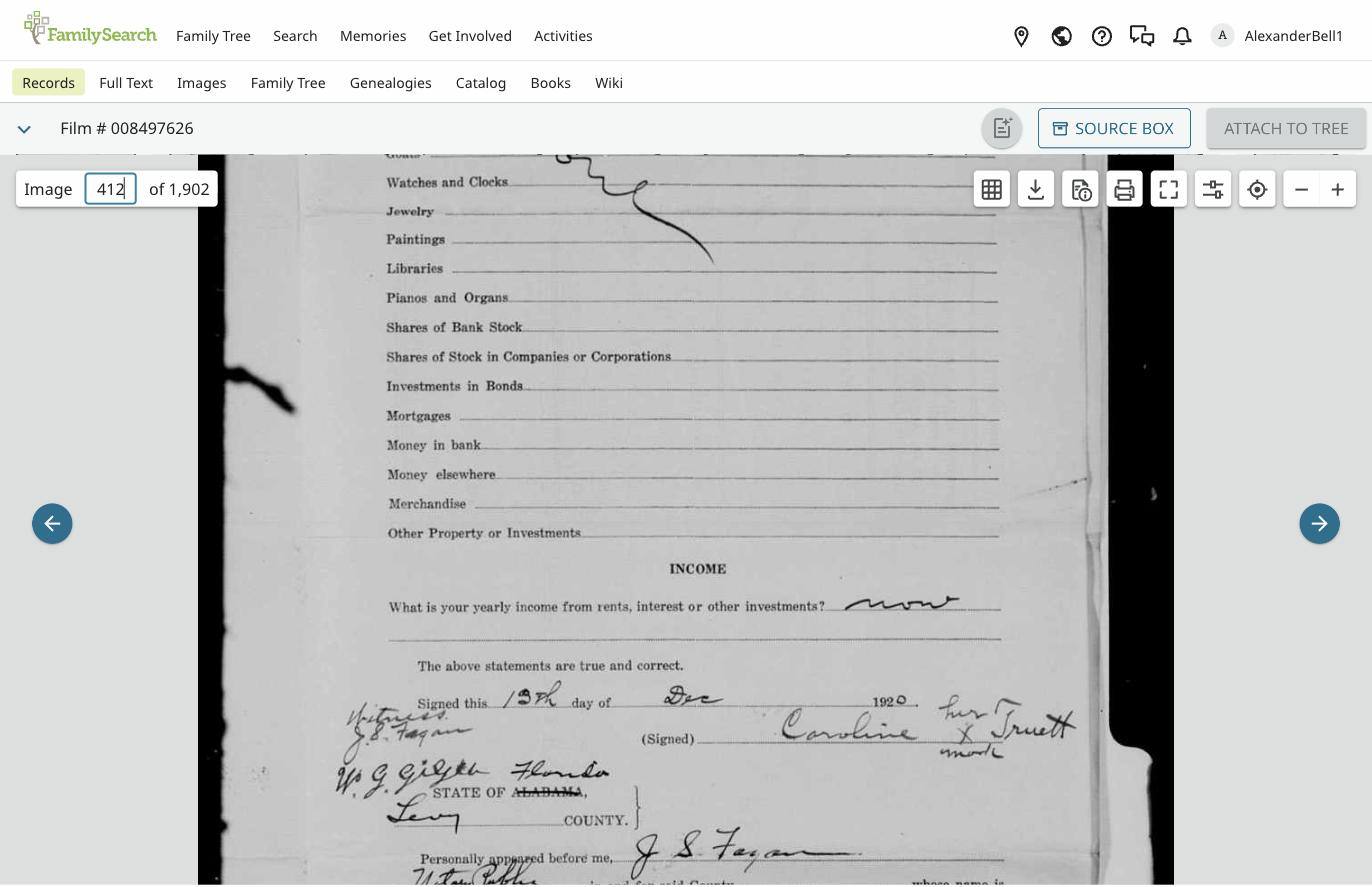 Caroline Truett's signed X mark, December 1920