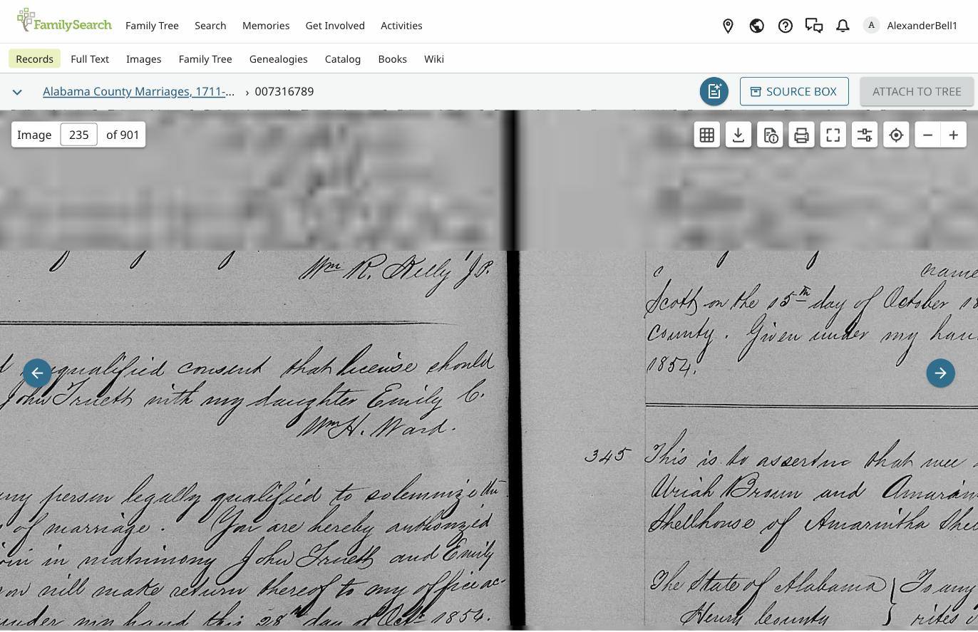 Marriage license, John Truett and Emily C. Ward, 1854
