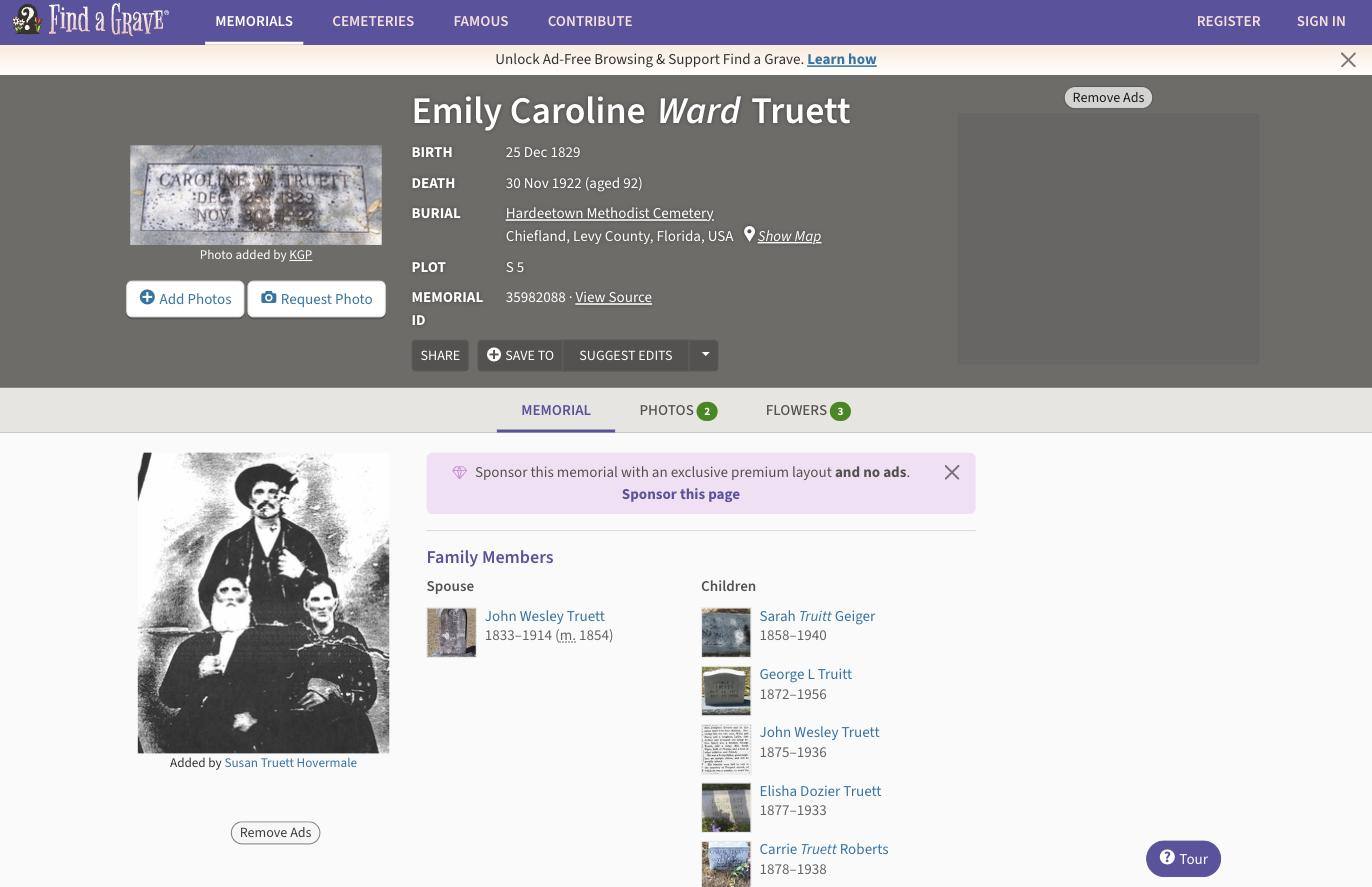 Find a Grave memorial for Emily Caroline Ward Truett