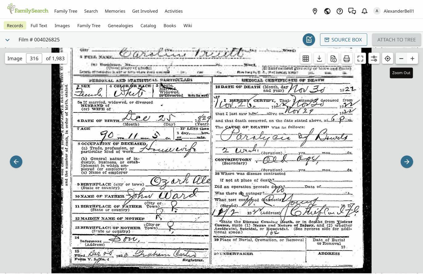 Florida death certificate, Caroline Truitt, 1922