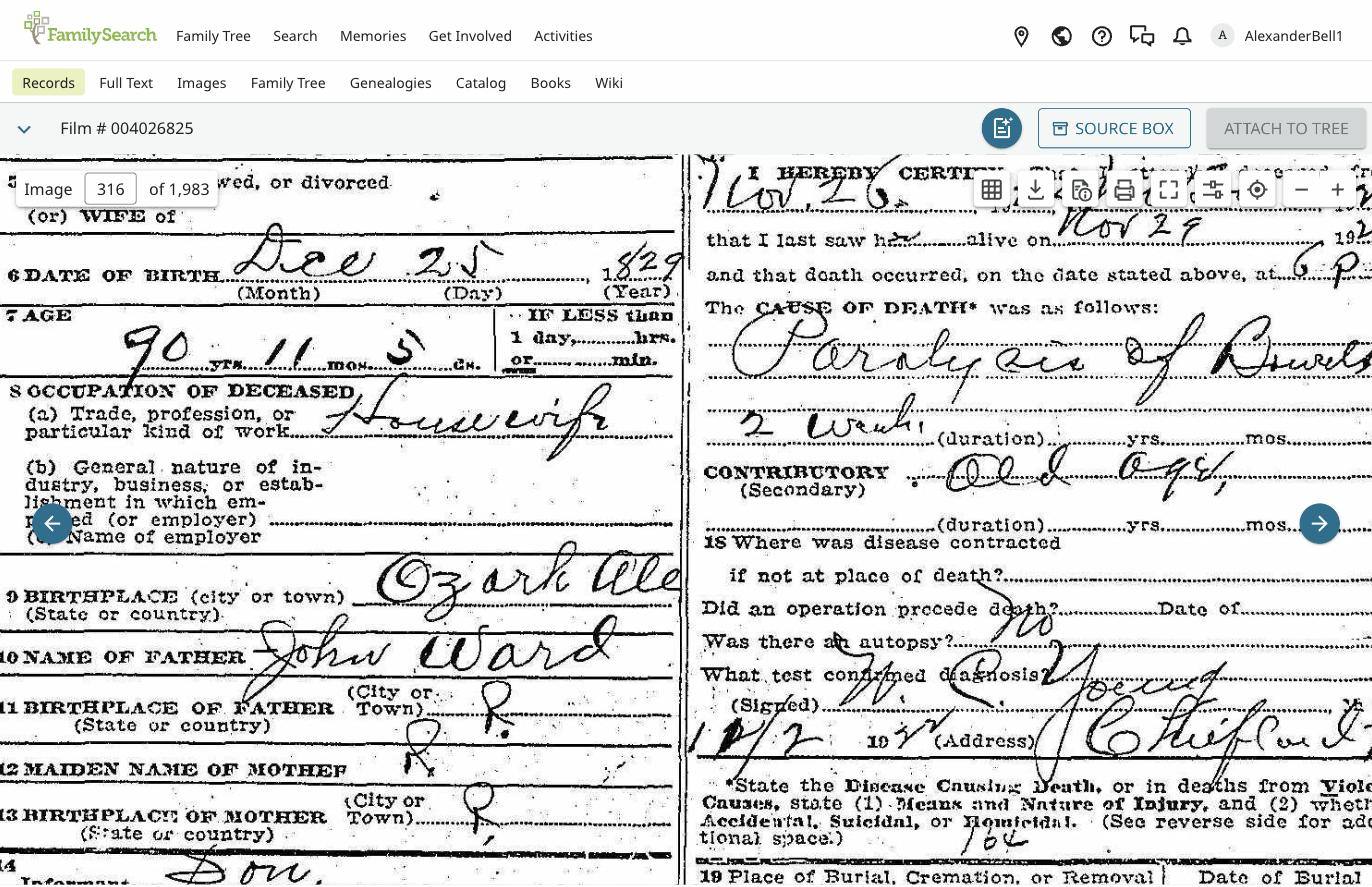 Death certificate detail, parentage as the informant recalled it
