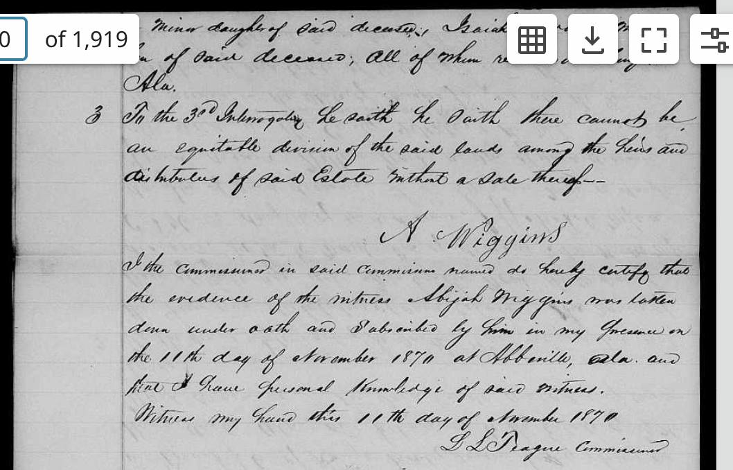 Estate deposition sworn before the commissioner, 1870