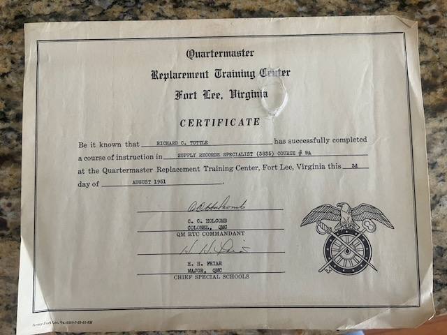 Army supply-specialist certificate, Fort Lee, 1951 — Richard Tuttle