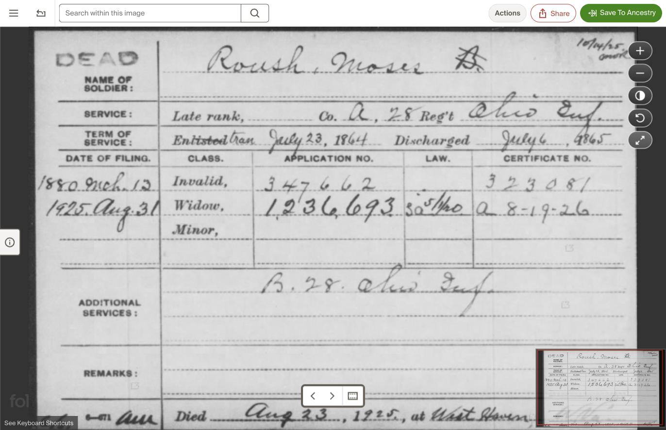 Pension index card, Moses B. Roush's Civil War service